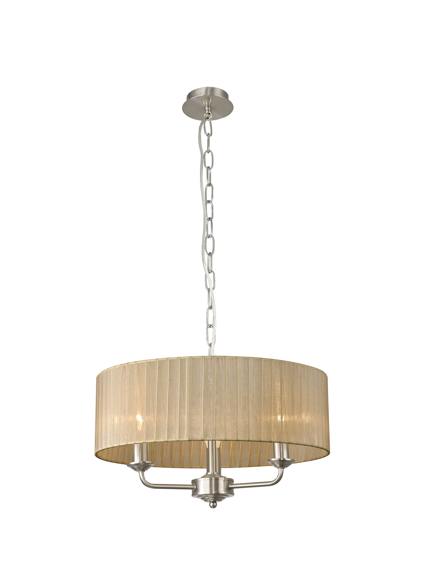 DK0877  Banyan 3 Light Multi Arm Pendant With 45cm x 15cm Organza Shade Satin Nickel/Soft Bronze